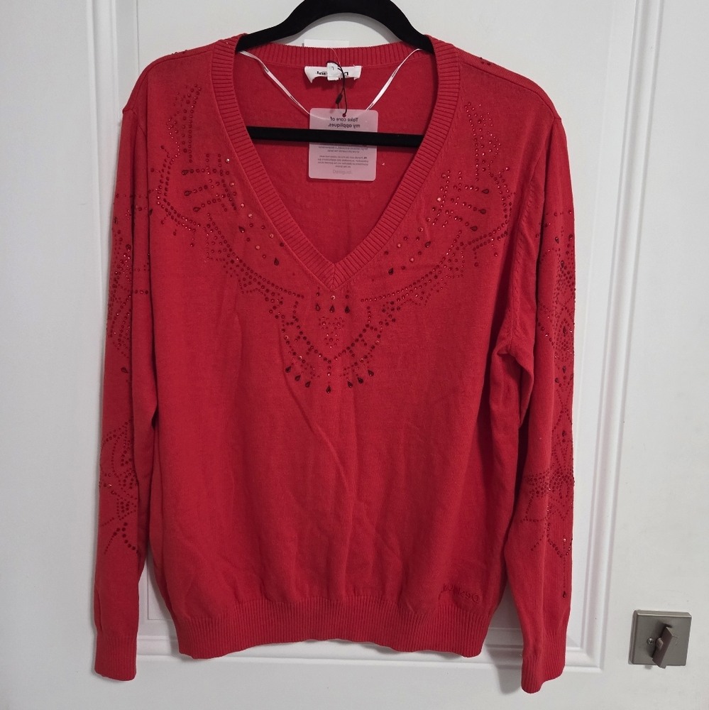 NWT - Desigual Women's Rhinestone Big V Neck Sweater - Size L